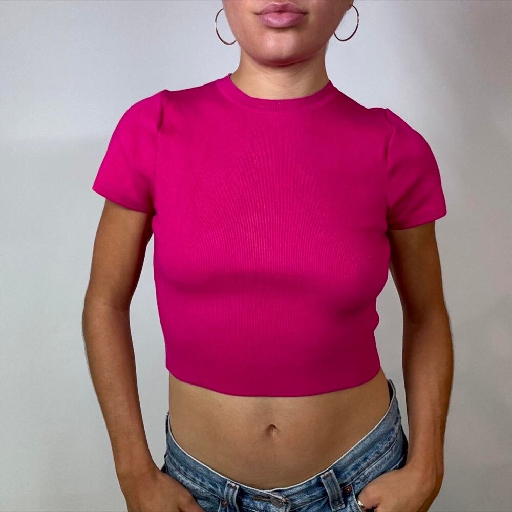 Zara Short Sleeve Cropped Sweater T Shirt, Fucshia, Medium (M)